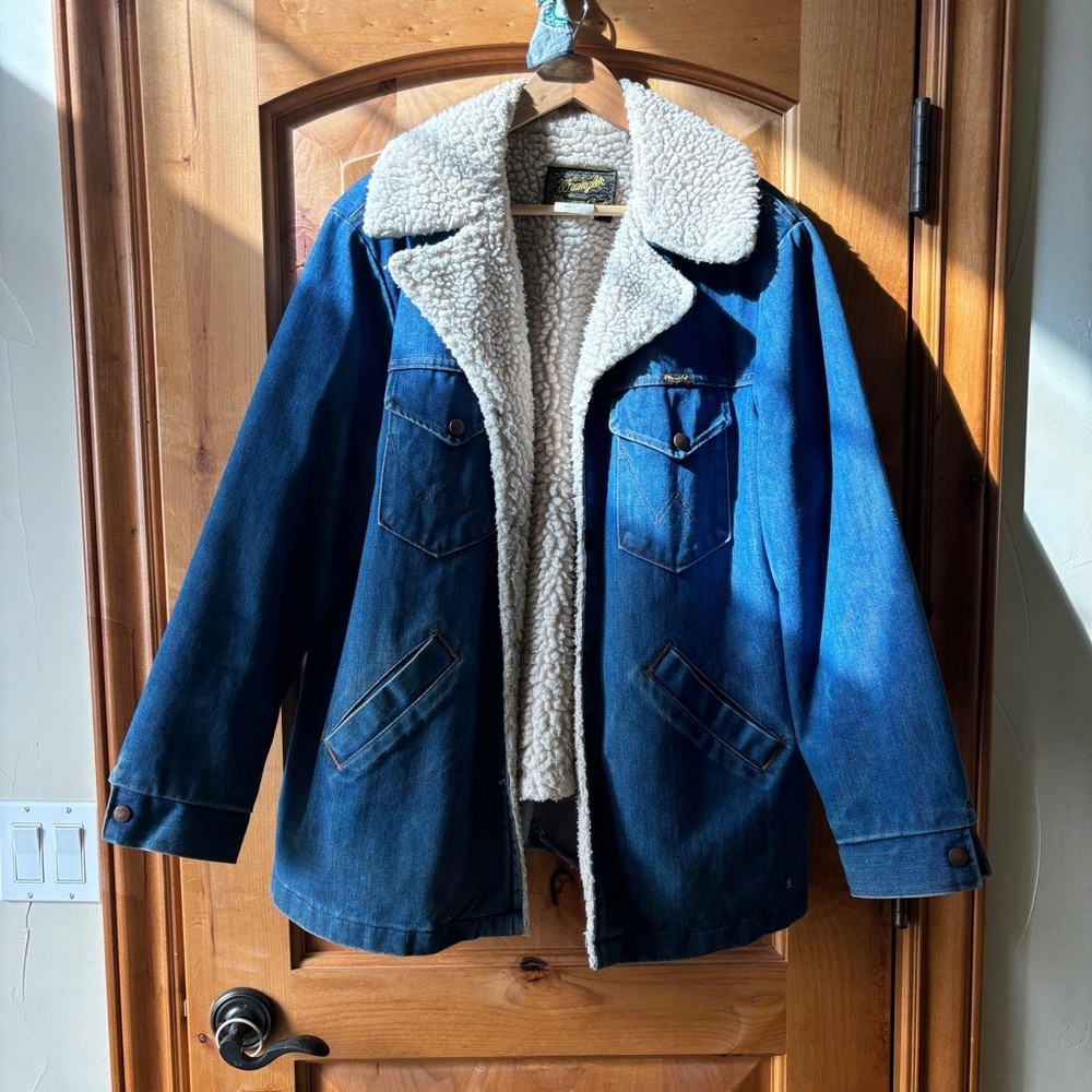 🐴 Vintage 70s Wrangler Wrange Coat Large Denim Sherpa Lined Jacket | Western